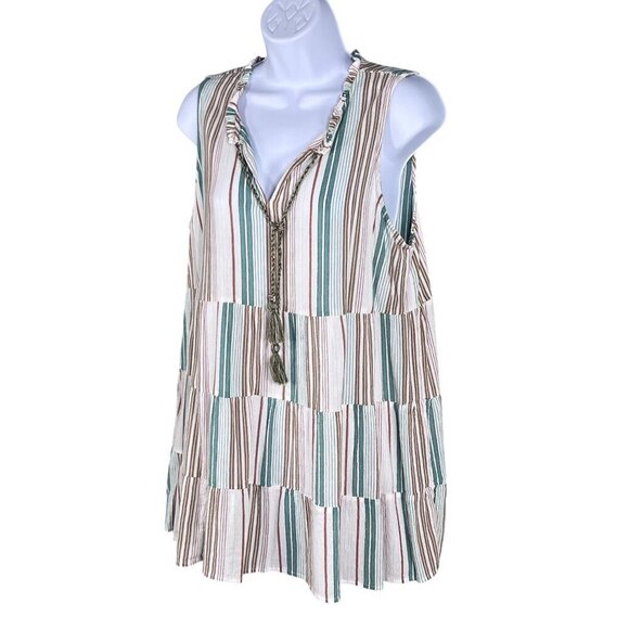 J Jill Womens M Tiered Tunic Top Tassels Sleeveless Striped Ruffled Boho Blouse - Picture 5 of 13